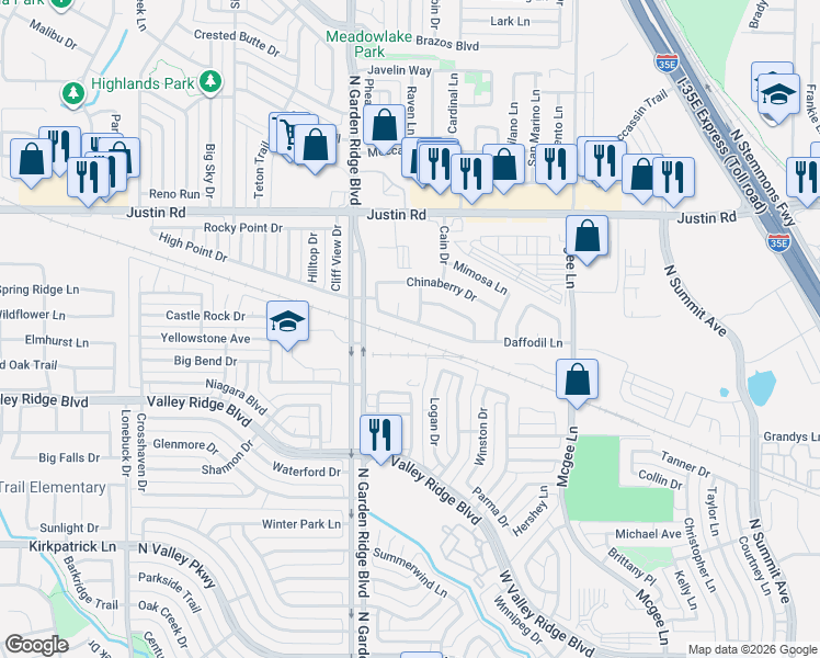 map of restaurants, bars, coffee shops, grocery stores, and more near 1386 Daffodil Lane in Lewisville