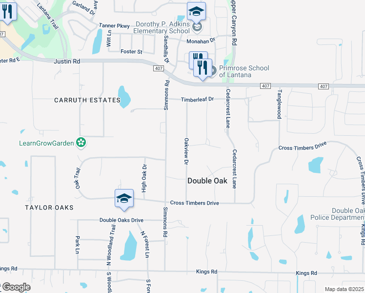map of restaurants, bars, coffee shops, grocery stores, and more near 311 Oakview Drive in Double Oak