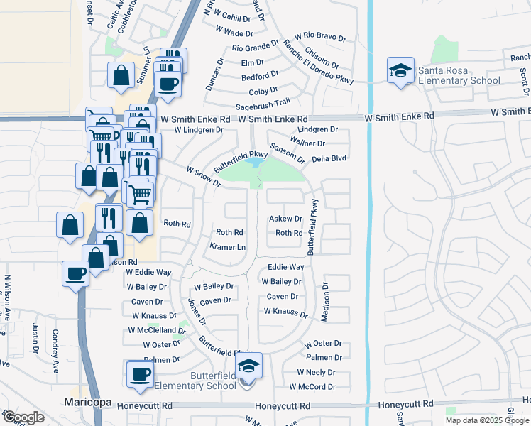 map of restaurants, bars, coffee shops, grocery stores, and more near 43660 West Askew Drive in Maricopa