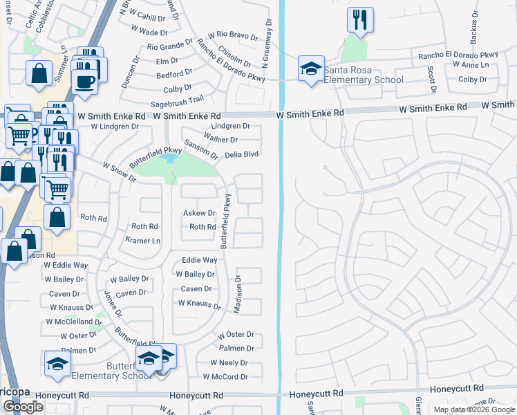 map of restaurants, bars, coffee shops, grocery stores, and more near 43205 Askew Drive in Maricopa
