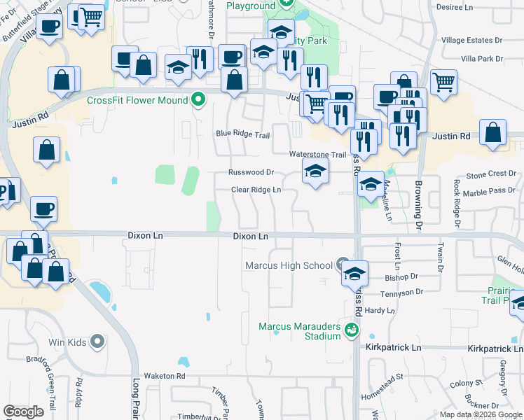 map of restaurants, bars, coffee shops, grocery stores, and more near 6009 Gateridge Drive in Flower Mound