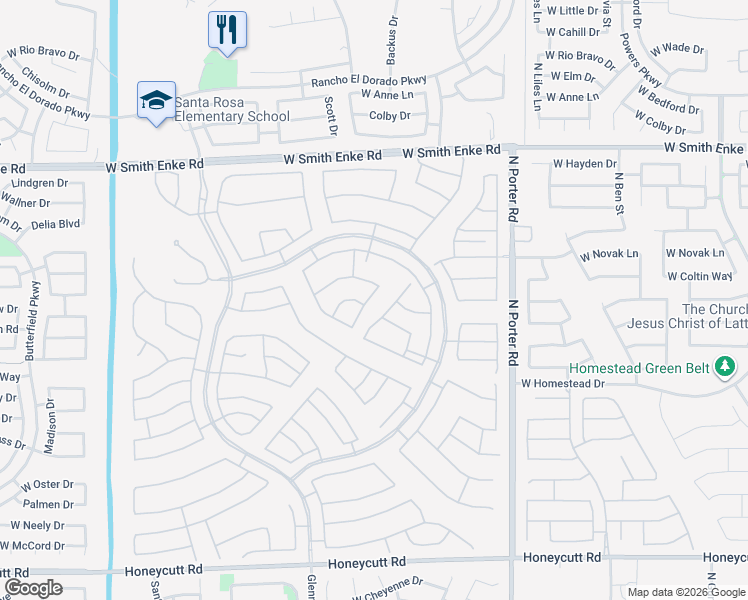 map of restaurants, bars, coffee shops, grocery stores, and more near 20660 North Verbena Lane in Maricopa