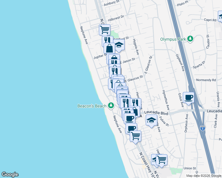 map of restaurants, bars, coffee shops, grocery stores, and more near 133 West Glaucus Street in Encinitas