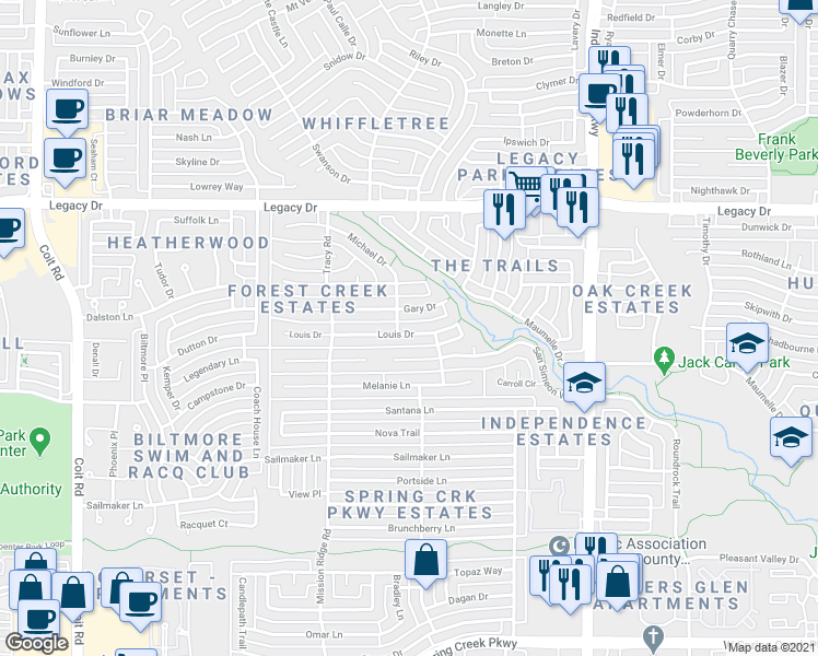 map of restaurants, bars, coffee shops, grocery stores, and more near 3313 Louis Drive in Plano