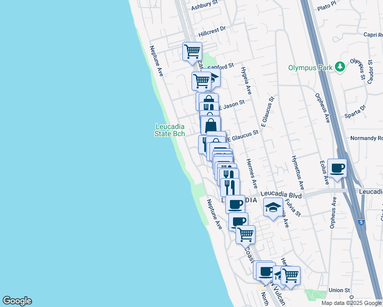 map of restaurants, bars, coffee shops, grocery stores, and more near 1070 Neptune Avenue in Encinitas