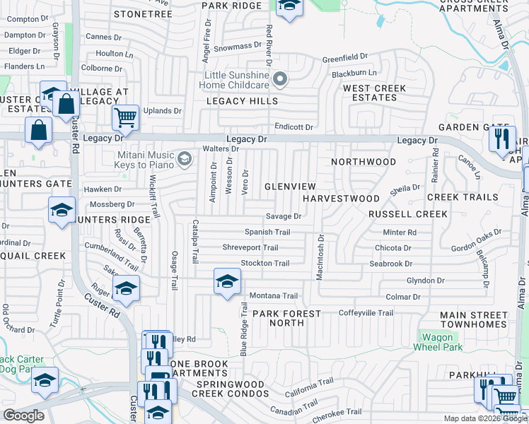 map of restaurants, bars, coffee shops, grocery stores, and more near 1708 Savage Drive in Plano