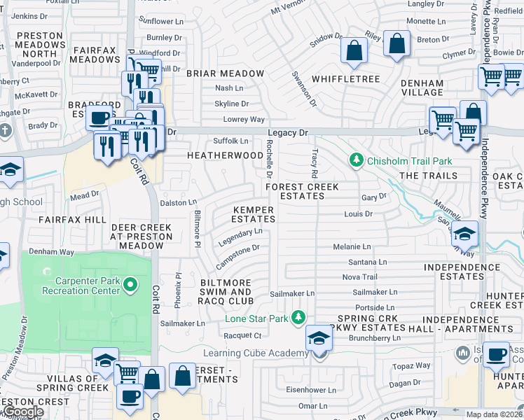 map of restaurants, bars, coffee shops, grocery stores, and more near 3700 Dutton Drive in Plano