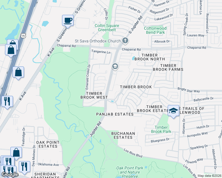 map of restaurants, bars, coffee shops, grocery stores, and more near 6901 Twin Ponds Drive in Plano