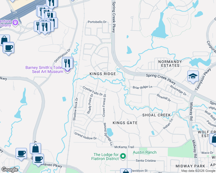 map of restaurants, bars, coffee shops, grocery stores, and more near 6809 Grand Falls Circle in Plano
