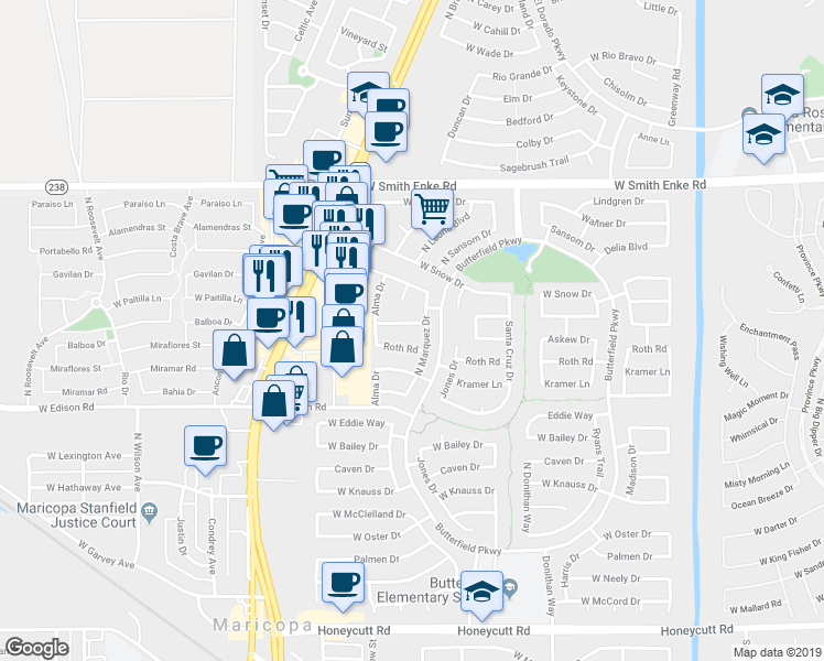 map of restaurants, bars, coffee shops, grocery stores, and more near 44115 Askew Drive in Maricopa