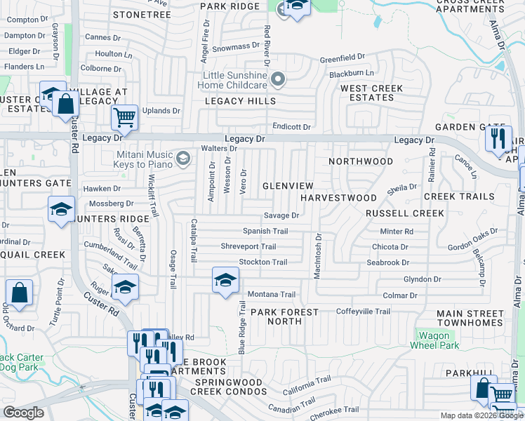 map of restaurants, bars, coffee shops, grocery stores, and more near 1708 Savage Drive in Plano