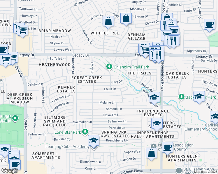 map of restaurants, bars, coffee shops, grocery stores, and more near 3313 Louis Drive in Plano