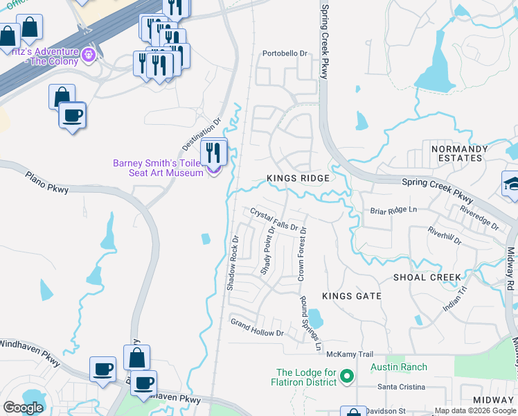map of restaurants, bars, coffee shops, grocery stores, and more near 7021 Crystal Falls Drive in Plano