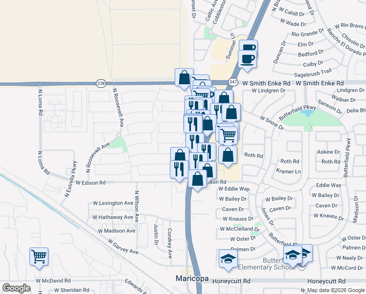map of restaurants, bars, coffee shops, grocery stores, and more near 20673 Ancon Avenue in Maricopa
