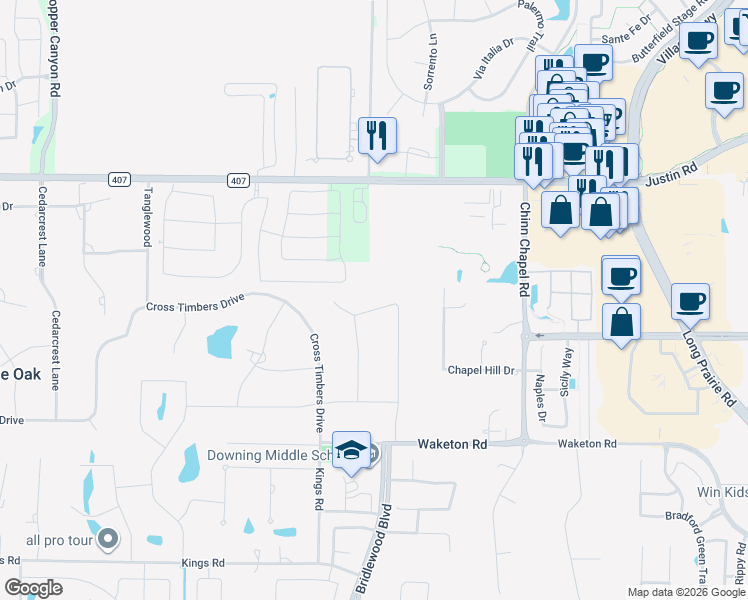 map of restaurants, bars, coffee shops, grocery stores, and more near 161 Meadow Knoll Drive in Lewisville