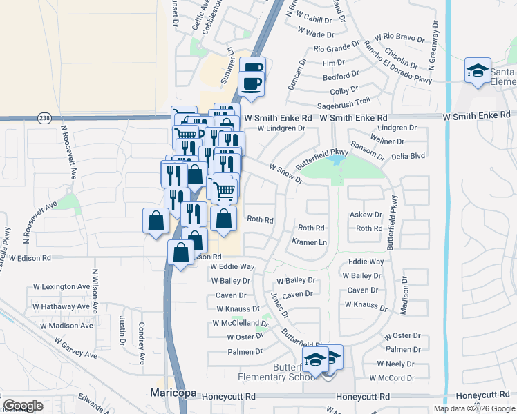 map of restaurants, bars, coffee shops, grocery stores, and more near 44181 Askew Drive in Maricopa