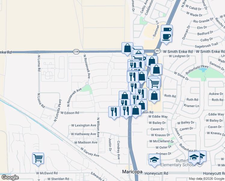 map of restaurants, bars, coffee shops, grocery stores, and more near 44872 Miraflores Street in Maricopa