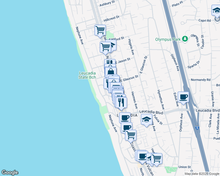 map of restaurants, bars, coffee shops, grocery stores, and more near 133 West Glaucus Street in Encinitas