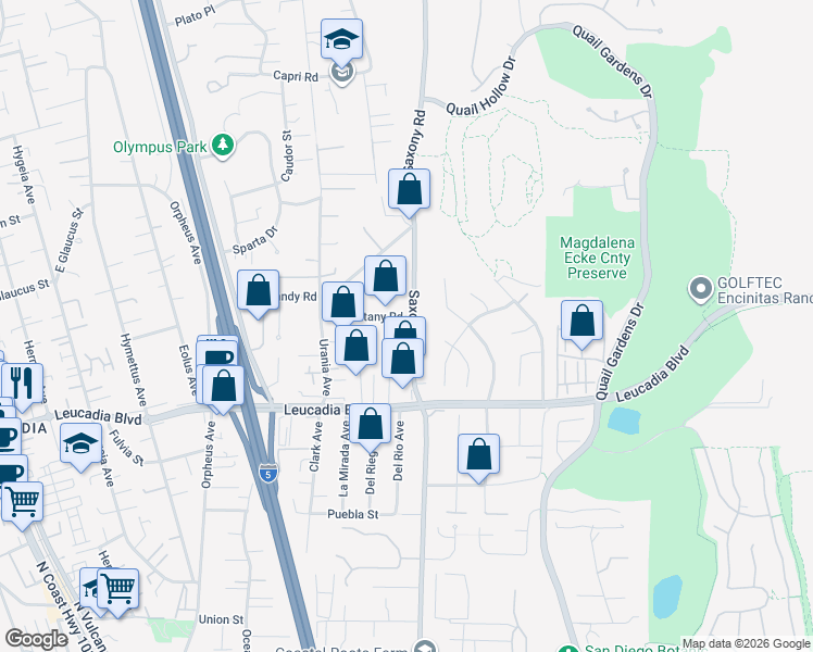 map of restaurants, bars, coffee shops, grocery stores, and more near 1022 Saxony Road in Encinitas