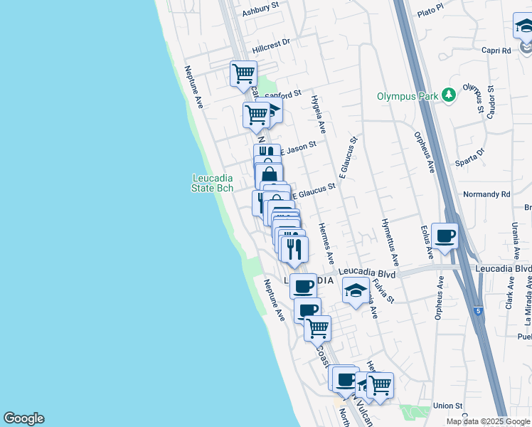 map of restaurants, bars, coffee shops, grocery stores, and more near 133 West Glaucus Street in Encinitas
