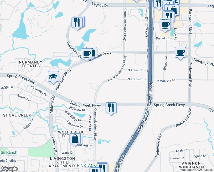 map of restaurants, bars, coffee shops, grocery stores, and more near Communications Parkway in Plano