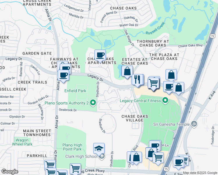 map of restaurants, bars, coffee shops, grocery stores, and more near 600 Legacy Drive in Plano
