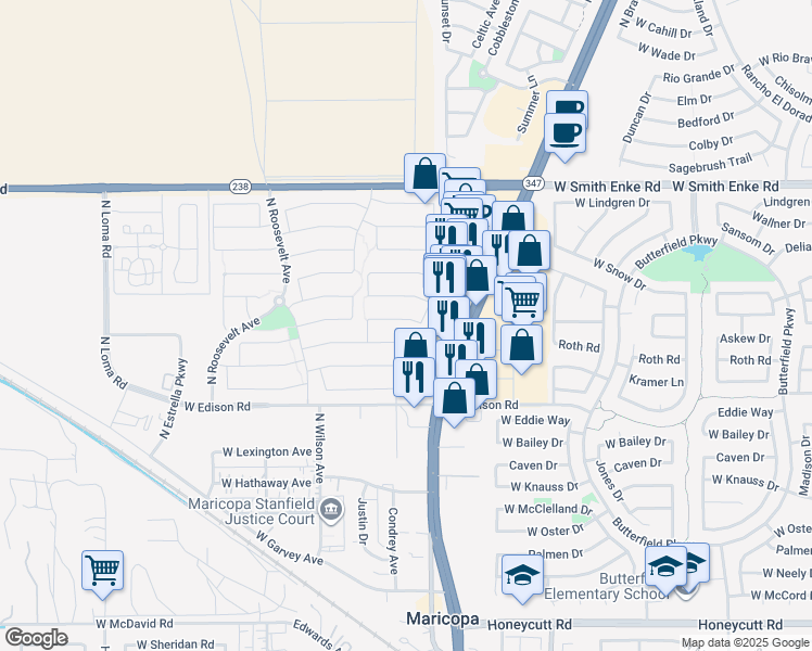 map of restaurants, bars, coffee shops, grocery stores, and more near 20673 Ancon Avenue in Maricopa