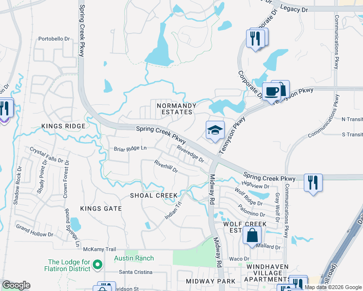 map of restaurants, bars, coffee shops, grocery stores, and more near 6521 Riveredge Drive in Plano
