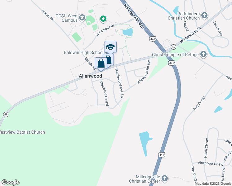 map of restaurants, bars, coffee shops, grocery stores, and more near 112 Pine Ridge Road in Milledgeville