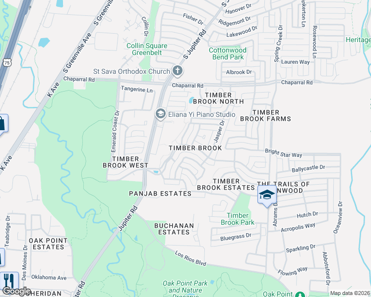 map of restaurants, bars, coffee shops, grocery stores, and more near 3108 Timber Brook Drive in Plano