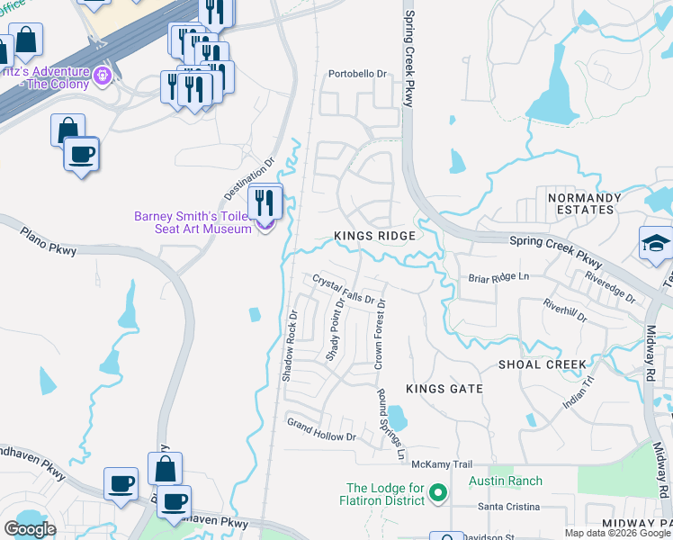 map of restaurants, bars, coffee shops, grocery stores, and more near 7021 Crystal Falls Drive in Plano