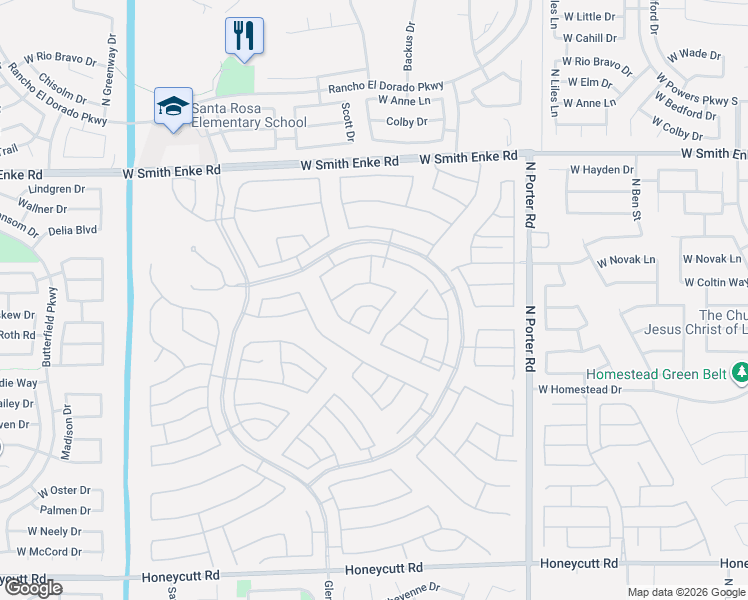 map of restaurants, bars, coffee shops, grocery stores, and more near 20660 North Verbena Lane in Maricopa