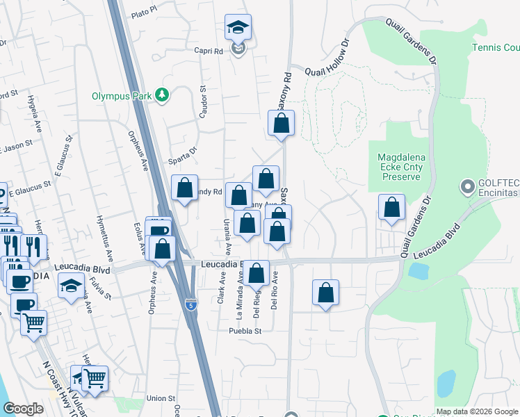 map of restaurants, bars, coffee shops, grocery stores, and more near 915 Brittany Avenue in Encinitas