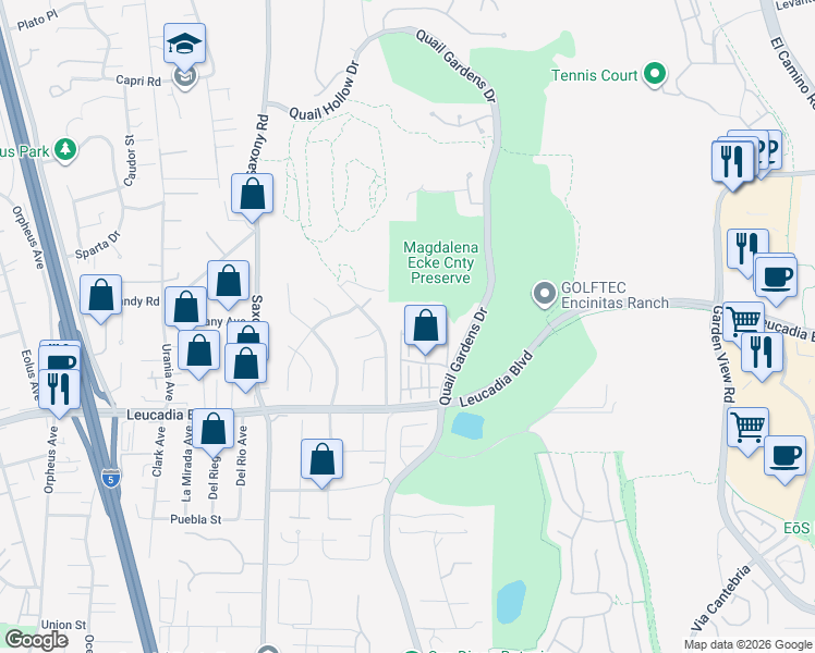 map of restaurants, bars, coffee shops, grocery stores, and more near 1601 San Remo Place in Encinitas