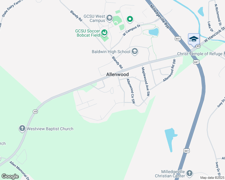 map of restaurants, bars, coffee shops, grocery stores, and more near 103 Hilltop Court Southwest in Milledgeville