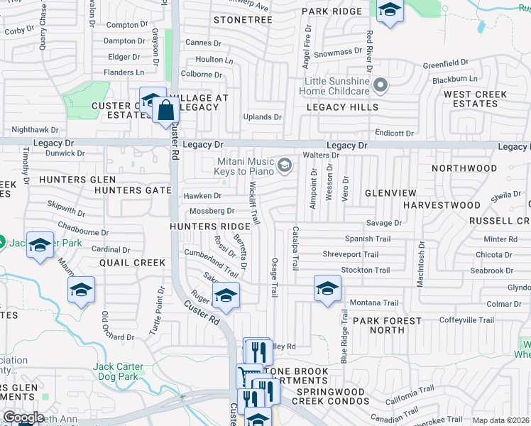 map of restaurants, bars, coffee shops, grocery stores, and more near 2001 Webley Drive in Plano
