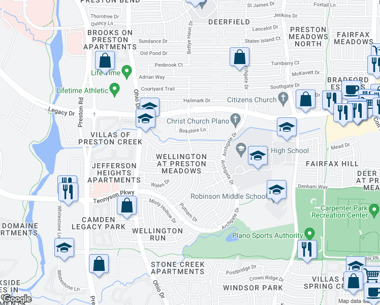 map of restaurants, bars, coffee shops, grocery stores, and more near 4621 Spencer Drive in Plano