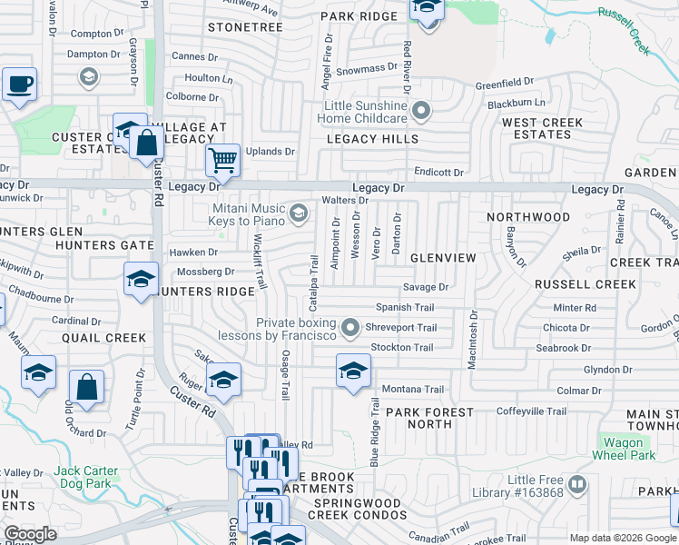 map of restaurants, bars, coffee shops, grocery stores, and more near 1812 Savage Drive in Plano