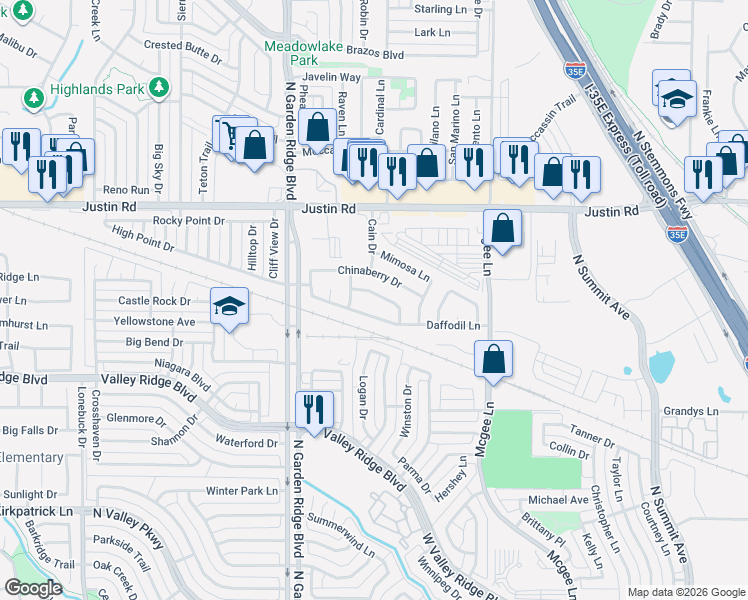 map of restaurants, bars, coffee shops, grocery stores, and more near 1369 Daffodil Lane in Lewisville