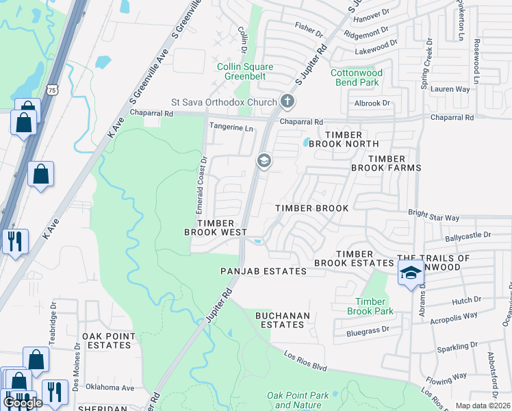 map of restaurants, bars, coffee shops, grocery stores, and more near 6901 Twin Ponds Drive in Plano