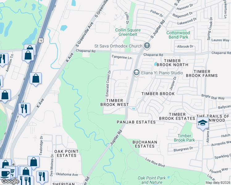 map of restaurants, bars, coffee shops, grocery stores, and more near 2800 Tallahassee Court in Plano