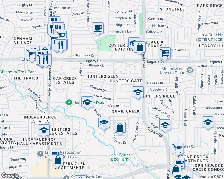map of restaurants, bars, coffee shops, grocery stores, and more near 2252 Briarcrest Drive in Plano