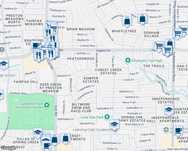 map of restaurants, bars, coffee shops, grocery stores, and more near 3700 Dutton Drive in Plano
