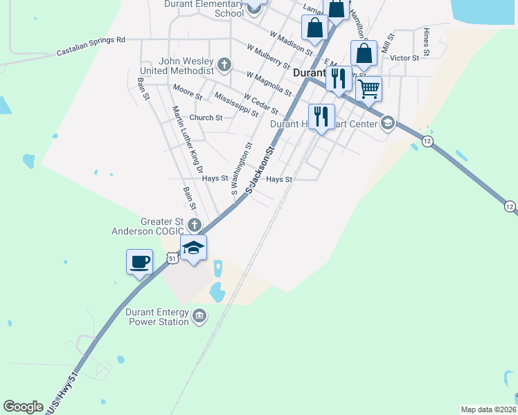 map of restaurants, bars, coffee shops, grocery stores, and more near 68 Bailey Street in Durant