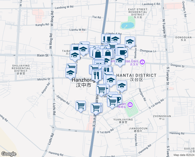 map of restaurants, bars, coffee shops, grocery stores, and more near Min Zhu Jie in Han Zhong Shi
