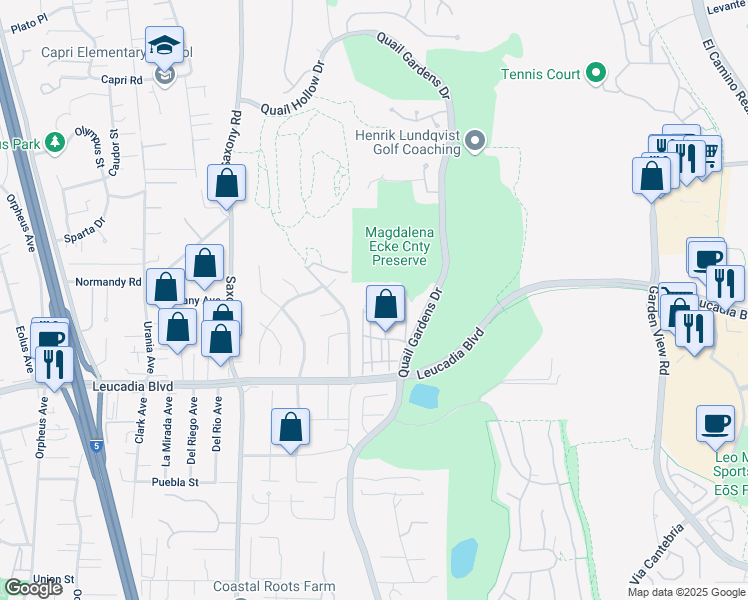 map of restaurants, bars, coffee shops, grocery stores, and more near 1150 Quail Gardens Drive in Encinitas