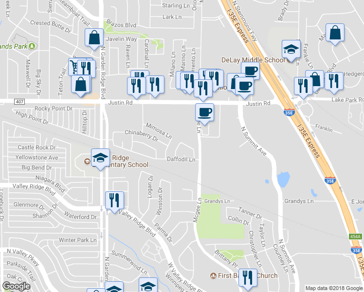 map of restaurants, bars, coffee shops, grocery stores, and more near 1322 Jasmine Drive in Lewisville