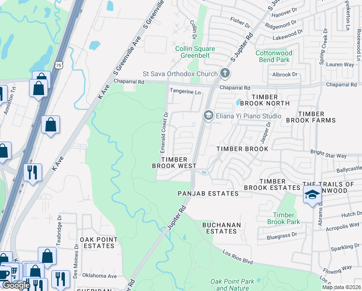 map of restaurants, bars, coffee shops, grocery stores, and more near 2800 Tallahassee Court in Plano
