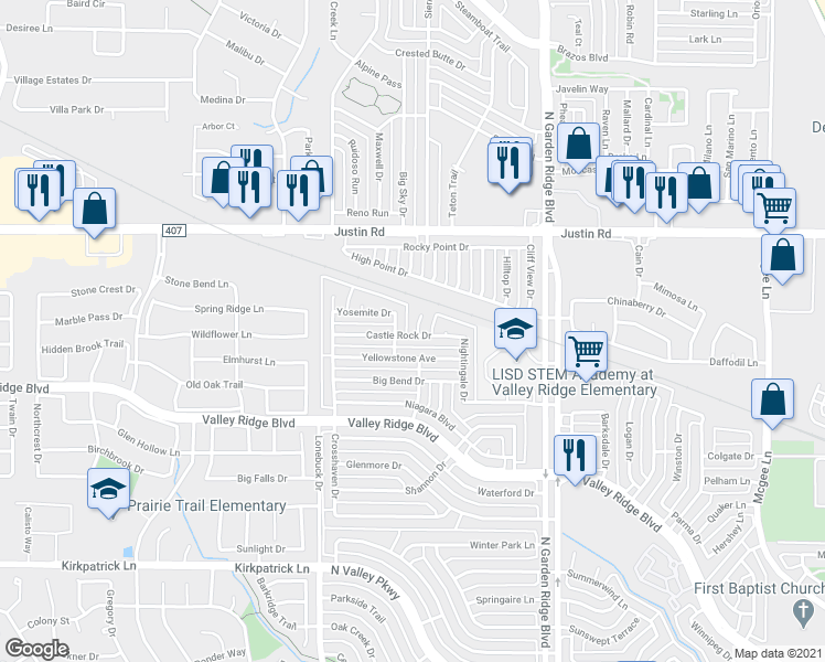 map of restaurants, bars, coffee shops, grocery stores, and more near 1650 Peacock Court in Lewisville