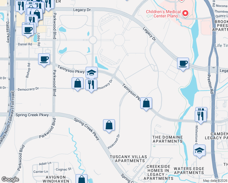 map of restaurants, bars, coffee shops, grocery stores, and more near 5228 Tennyson Parkway in Plano